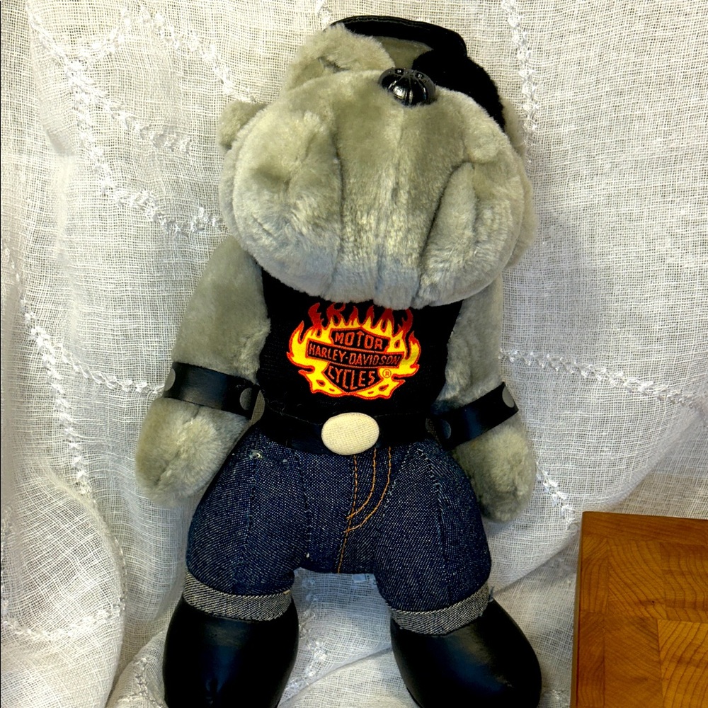 Harley-Davidson Gray Bulldog Plush with Denim and Black Accents